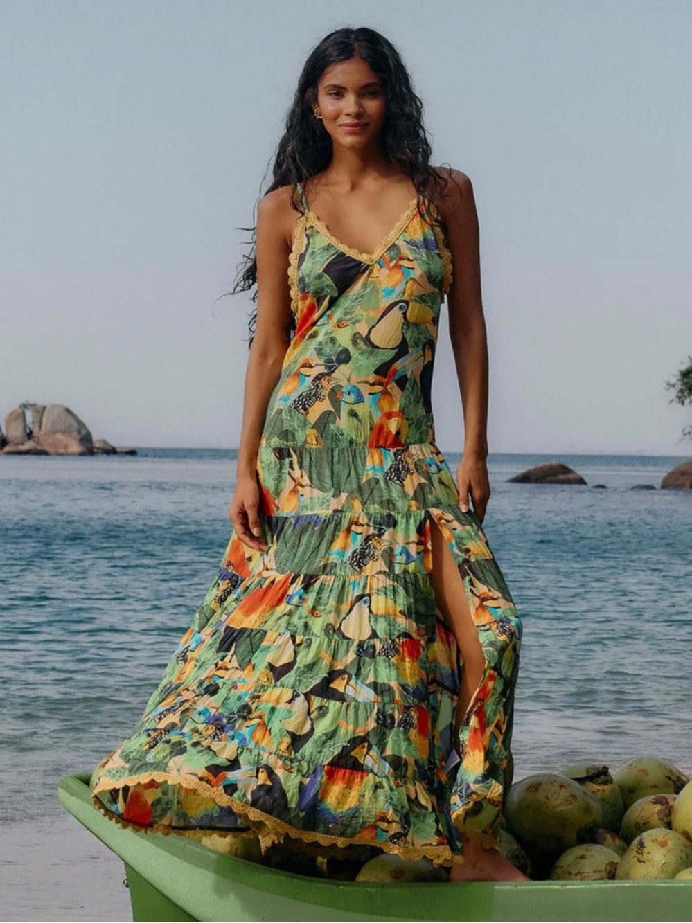 Farm Rio: Bird Leaves Long Dress in Sand - Picture 9 of 14